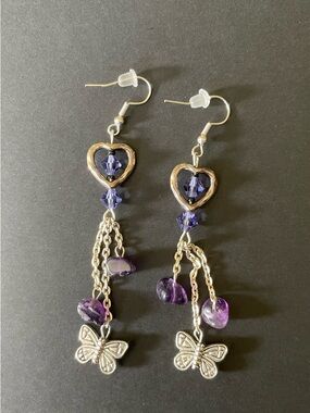 Handcrafted Purple Heart & Butterfly Dangle Earrings